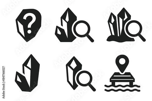 Crystal Iconography. Solid style icons of waterfront crystal themes: crystalline question, quartz inquiry, mineral investigation,