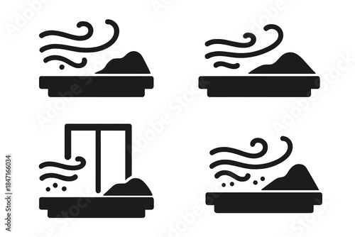 Windy Desert Icons. Solid style icons of windy desert shelves: dusty sill, sandy ledge, hot wind platform, desert windowsill, arid