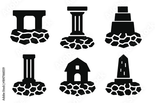 Drought-Resilient Structures. Solid style icons of drought-built structures: arid support, dry plain column, parched meadow tower,