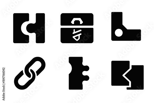 Abstract Edge Mechanics. Solid style icons of abstract edge mechanics: puzzling connector, cryptic fastener, enigmatic joint,