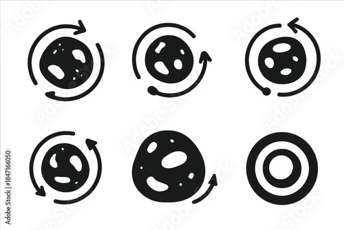 Wholeness Through Motion. Solid style icons of wholeness through motion: spinning rock, revolving stone, rotating pebble, pivoting