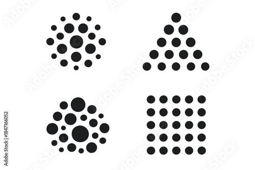 Abstract Dotted Patterns. Solid style icons of abstract dotted compositions: gathered specks, assembled spots, collected flecks,