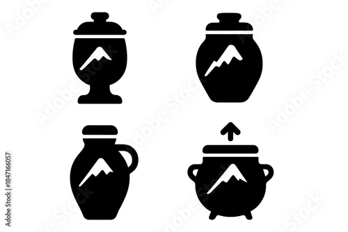 High-Altitude Containers Icons. Solid style icons of high-altitude containers: elevated vessel, mountain urn, hilltop jar,