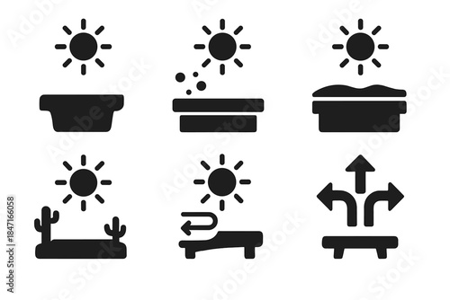 Sunlit Structures Icons. Solid style icons of sunlit choice structures: hot wind sill, dusty ledge, sandy shelf, desert platform,