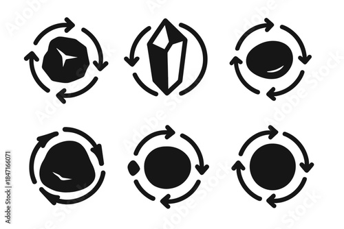 Harmonious Stone Cycles. Solid style icons of harmonious stone cycles: rotating rock, spinning mineral, turning pebble, revolving