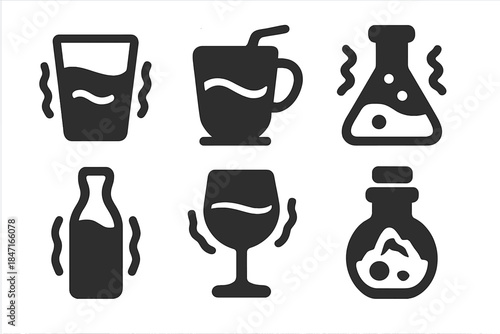 Geological Fluid Icons. Solid style icons of geological fluid motifs: shaking liquid, quaking drink, vibrating potion, trembling
