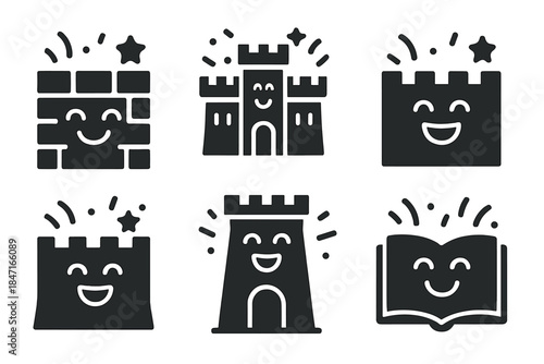 Celebration Motif Icons. Solid style icons of narrative celebration motifs: ecstatic wall, joyful fortress, blissful rampart,