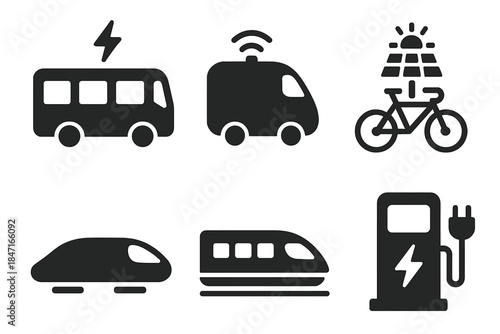 Sustainable Transport Icons. Solid style icons of sustainable transportation: electric bus, autonomous delivery van, solar bike,