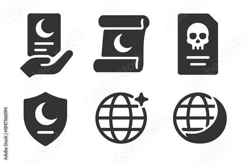 Twilight World Icons. Solid style icons of twilight world propositions: dim offer, dusky term, shadowy ultimatum, shaded