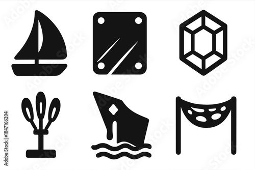 Metallurgical Icon Designs. Solid style icons of metallurgical design: reflective alloy sail, brushed metal deck, crystalline hull