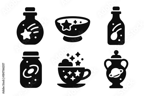 Astral Ritual Icons. Solid style icons of astral rituals: meteor essence flask, starlight offering bowl, comet dust vial, galactic
