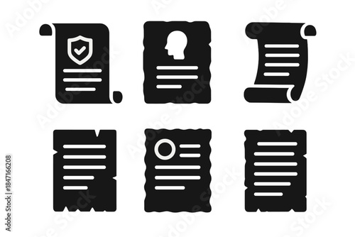 Philosophical Icons Collection. Solid style icons of philosophical authenticity: truth-bearing scroll, reasoned parchment slab,