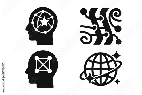 Cosmic Web Icons. Solid style icons of cosmic thought: stellar web of meaning, galactic thread lattice, astral cord grid, nebular
