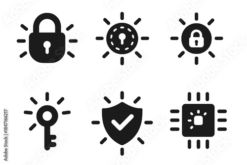 Radiant Security Icons. Solid style icons of symbolic security: radiant lock emblem, coded glow sigil, encrypted light seal,