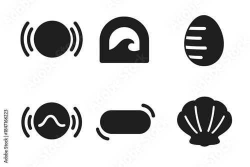 Peaceful Motion Icons. Solid style icons of peaceful motion: softly vibrating orb, resonant wave shelter, humming energy cocoon,