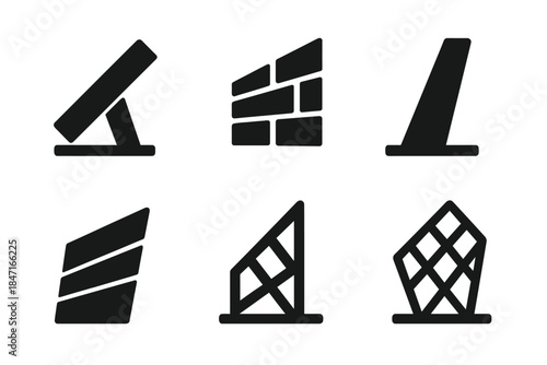 Dynamic Solid Structures. Solid style icons of dynamic structure: tilted beam motif, rising wall pattern, sloped column design,