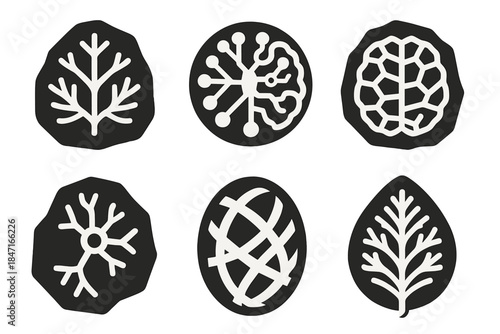 Geological Patterns Icons. Solid style icons of geological symmetry: stone dendrite pattern, mineral nerve cluster, crystalline