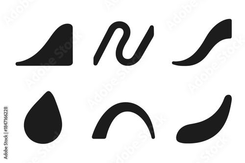 Harmonious Motion Icons. Solid style icons of harmonious motion: smooth incline wave, balanced angled curve, flowing slope ribbon,