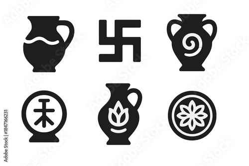 Illusory Ceramic Icons. Solid style icons of illusory ceramics: mirage-like ceramic symbols, illusory pottery swastikas, phantom