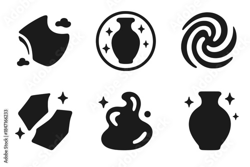 Surreal Ceramic Icons. Solid style icons of surreal design: floating ceramic fragment, translucent pottery sigil, light-warped