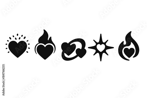 Passion Icons. Solid style icons of passion and motion: pulsing ember heart, glowing relationship flame, vibrant bond arc, dynamic