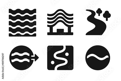 Geometric Water Icons. Solid style icons of environmental design: geometric water pattern, architectural ripple form, engineered