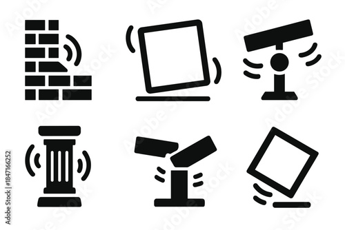 Architectural Tension Icons. Solid style icons of architectural tension: unstable wall junction, oscillating frame corner, shaking