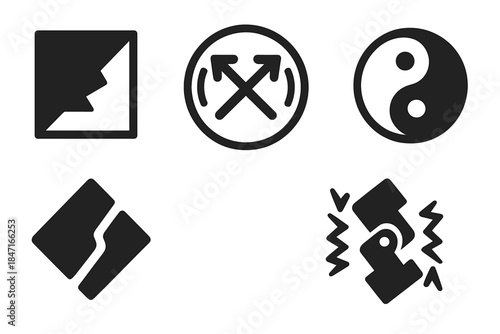 Icons of Struggle. Solid style icons of symbolic struggle: divided corner emblem, trembling crossroad seal, vibrating duality mark