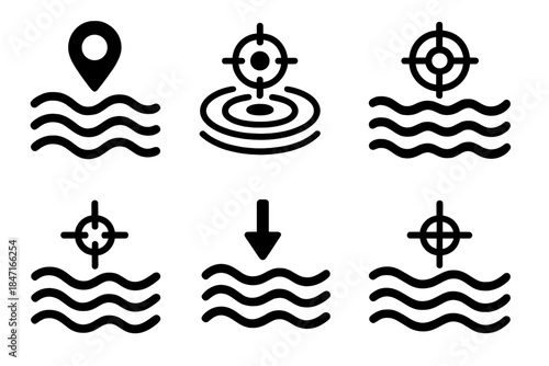 Guided Water Icons. Solid style icons of guided currents: sight-marked stream waves, targeted brook ripples, aimed channel