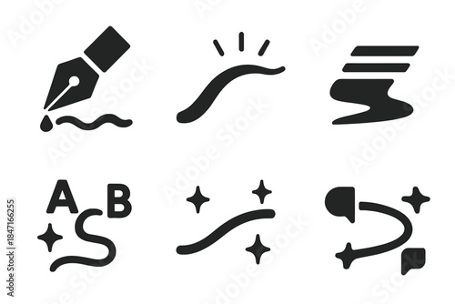 Flowing Ink Icons. Solid style icons of creative flow: flowing ink joint, radiant handwriting curve, luminous text stream,