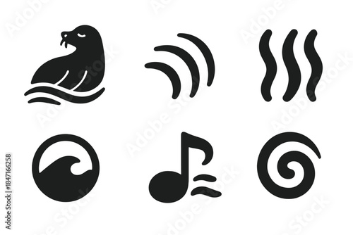 Poetic Energy Icons. Solid style icons of poetic energy: quiet wave seal, whispering ripple form, fading vibration mark, dim flow