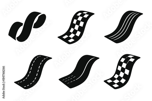 Artistic Motion Icons. Solid style icons of artistic motion: woven path ribbon, patterned journey band, textured route fabric,