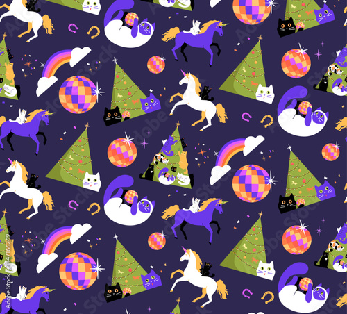 Funny cartoon pattern with cats, unicorns anf Christmas tree party celebration