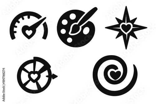 Creative Emotion Icons. Solid style icons of creative emotion: dynamic yearning dial, artistic longing wheel, reflective passion