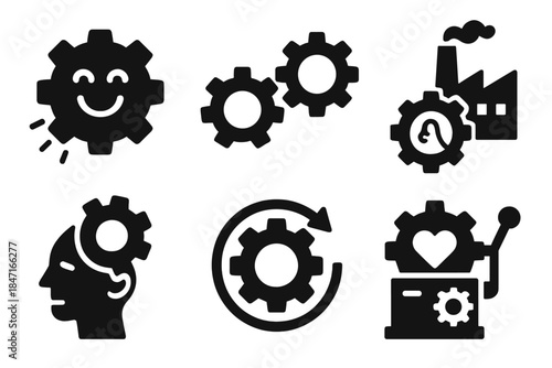 Industrial Emotion Icons. Solid style icons of industrial metaphor: emotional production gear, rotating drive system, longing