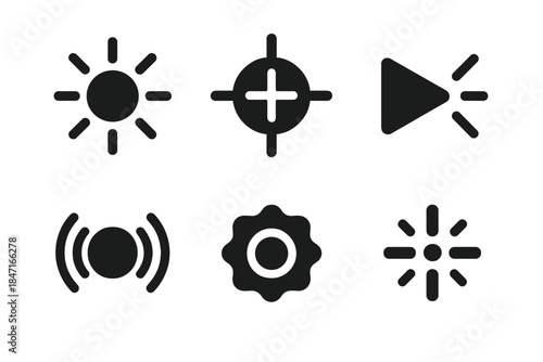 Energetic Focus Icons. Solid style icons of energetic focus: glowing convergence point, radiant channel node, luminous narrowing