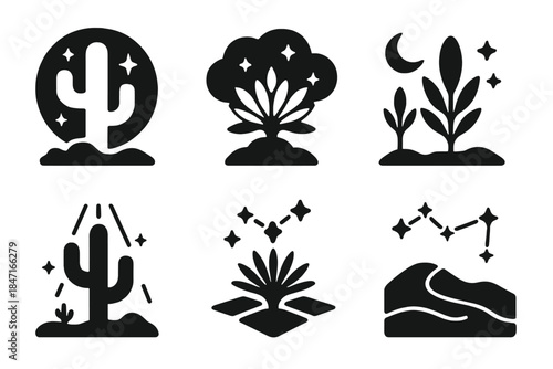 Cosmic Desert Icons. Solid style icons of cosmic desert life: stellar cactus axis, nebular dry-flora glow, astral plant alignment,