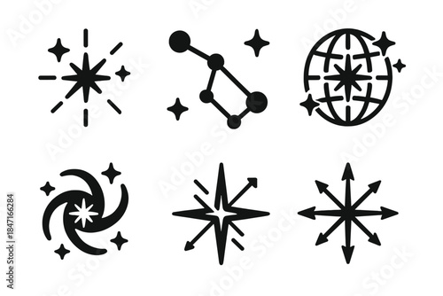 Cosmic Icons Collection. Solid style icons of cosmic orientation: radiant star map, glowing constellation lattice, shining astral