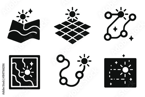 Glowing Eco Icons. Solid style icons of environmental illumination: glowing landscape map, luminous terrain grid, bright