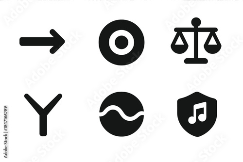 Symbolic Precision Icons. Solid style icons of symbolic precision: aligned flow arrow, central harmony ring, balanced motion axis,
