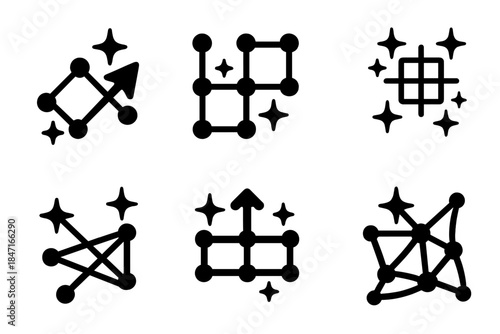 Radiant Navigation Icons. Solid style icons of radiant navigation: a sparkling network providing direction, a gleaming grid