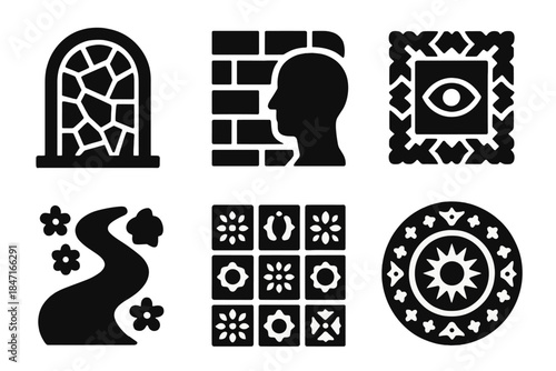 Artistic Solid Icons. Solid style icons of artistic comprehension: mosaic entry frame, patterned clarity wall, tessellated insight
