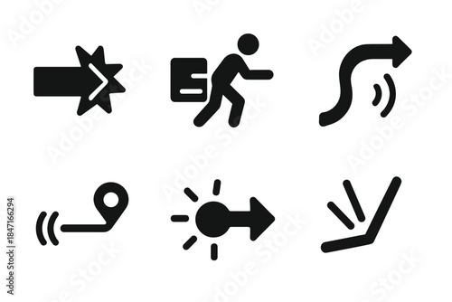 Dynamic Motion Icons. Solid style icons of motion and impact: jolting direction arrow, pushing travel beam, bumping route curve,