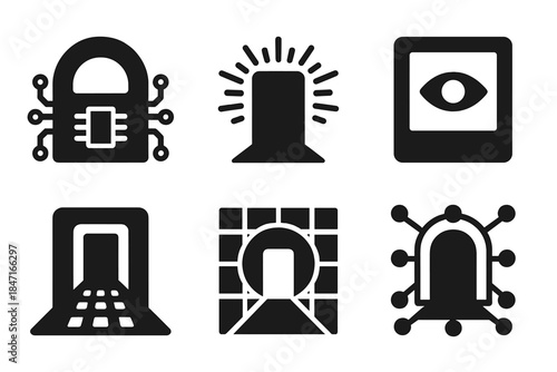 Futuristic Access Icons. Solid style icons of futuristic access: digital knowledge gate, luminous data doorway, cyber insight