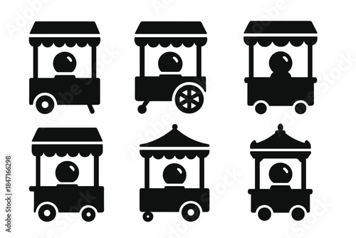 Destiny Motion Icons. olid style icons of fateful motion: a moving booth of destiny, a kinetic stall of fate, a dynamic stand of