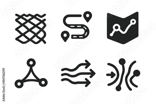 Abstract Travel Icons. Solid style icons of abstract travel: patterned path mesh, geometric route cross, rhythmic line network,
