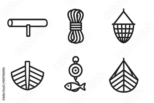 Nautical Harvest Icons. Line style icons of marine yardarm harvest: deck spar, rope bundle, output net, nautical harvest, ship