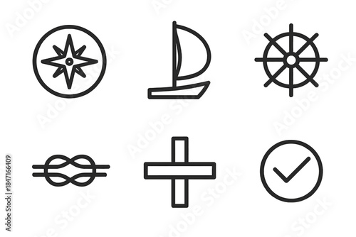 Line Style Marine Icons. Line style icons of ocean spar output: water compass, mast pivot, yield wheel, result rope, ship