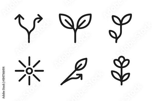 Progress Encouragement Icons. Line style icons of progress encouragement junction: branching paths, meeting leaves, connected