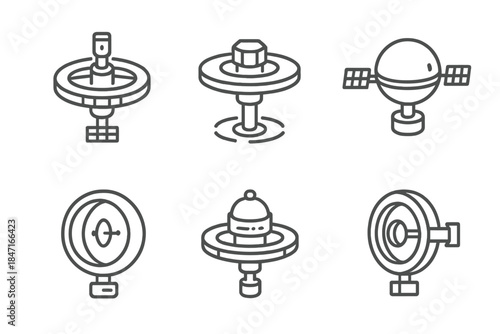 Rotating Space Station Icons. Line style icons of rotating frontier bases: orbital dock, turning platform, observation sphere,
